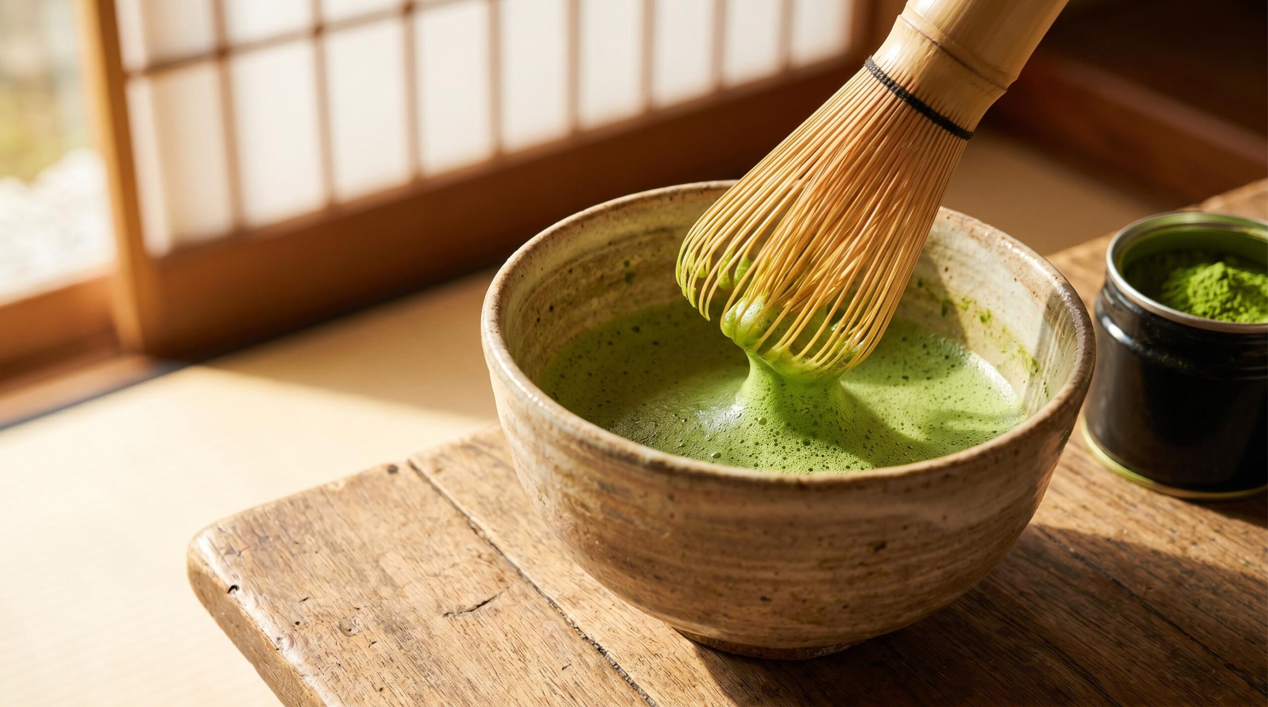 Bamboo whisk lifting foamed matcha from a ceramic tea bowl