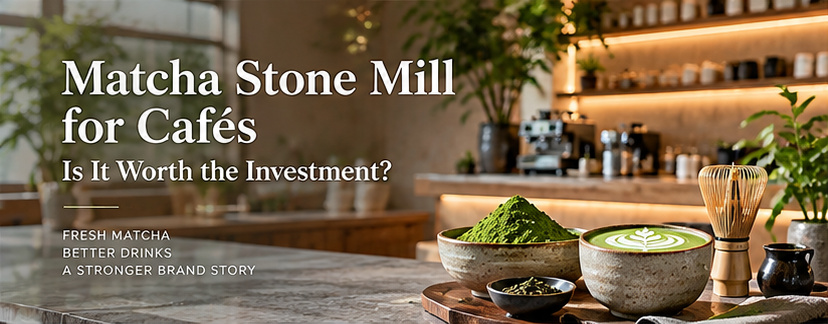 Matcha stone mill for cafés with matcha powder, latte and tea utensils