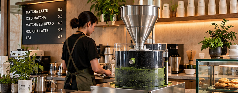 Commercial matcha stone mill in a specialty café preparation area
