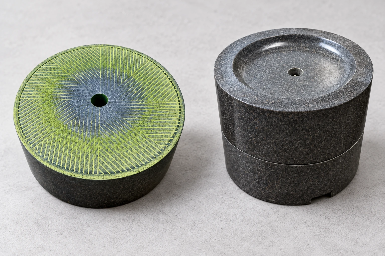 Illustrative natural granite grinding stones with matcha residue in the grooves