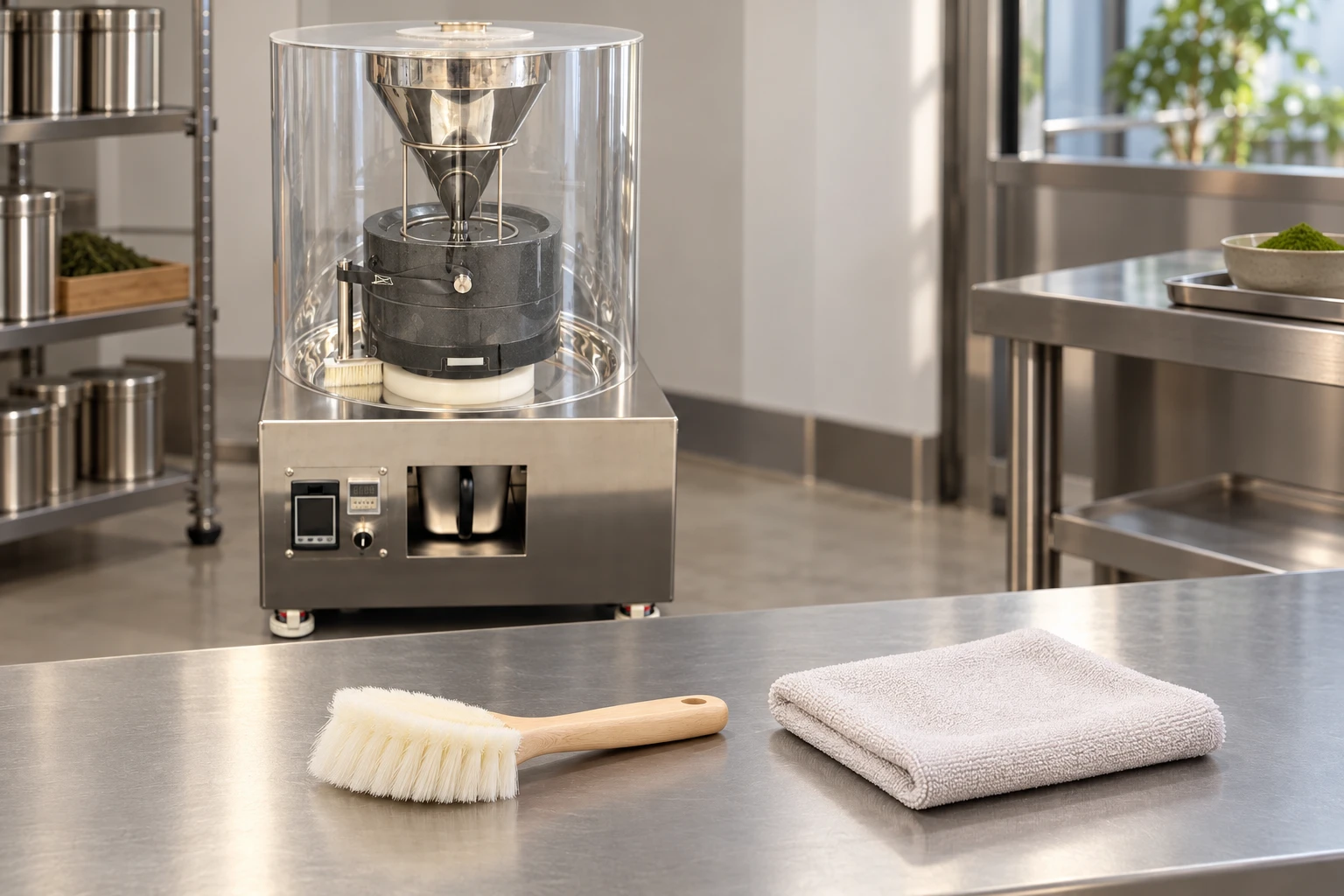 Soft brush and microfiber cloth prepared beside an assembled matcha stone mill
