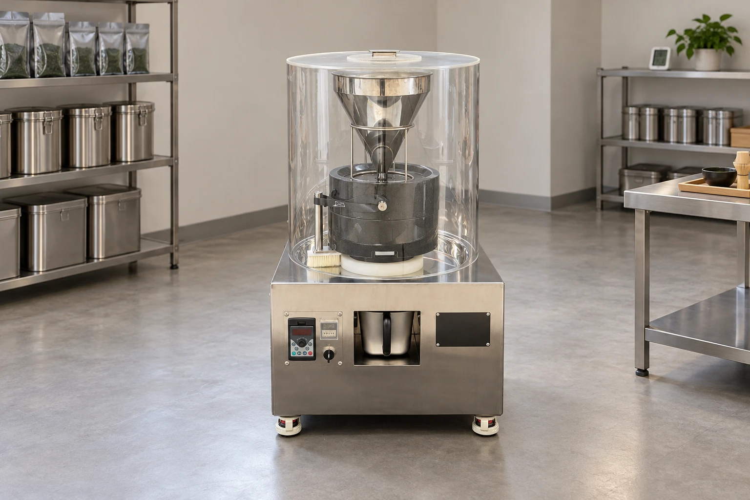 Illustrative dry matcha production room with clear space around the mill
