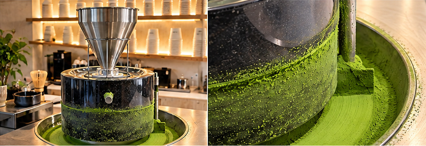 Natural granite matcha grinding stones with powder collection detail