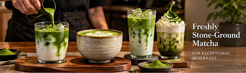 Matcha latte and iced drinks prepared for a specialty café menu